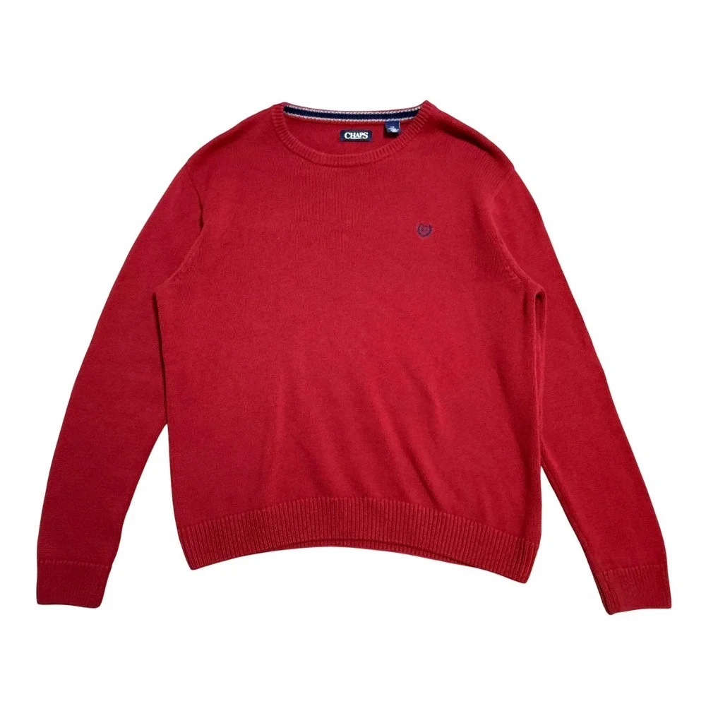 Chaps Sweater Mens Large Red‎ Crewneck Pullover Cotton Knit Crest Logo Casual